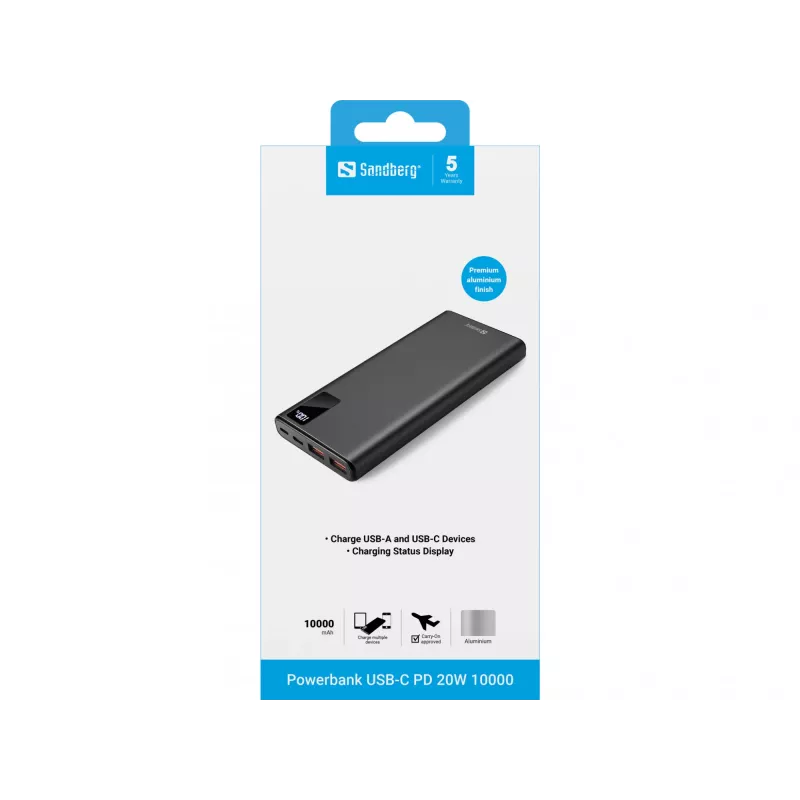 Batería portátil Sandberg Powerbank USB-C PD 20W 10000, 10000 mAh