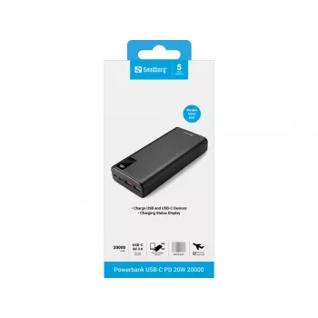 Batería portátil Sandberg Powerbank USB-C PD 20W 20000, 20000 mAh
