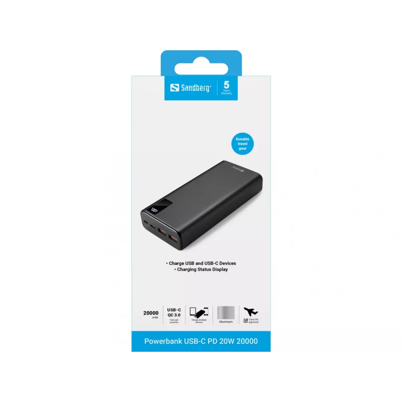 Batería portátil Sandberg Powerbank USB-C PD 20W 20000, 20000 mAh