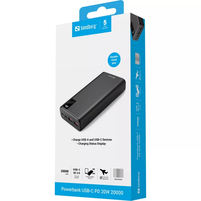 Batería portátil Sandberg Powerbank USB-C PD 20W 20000, 20000 mAh