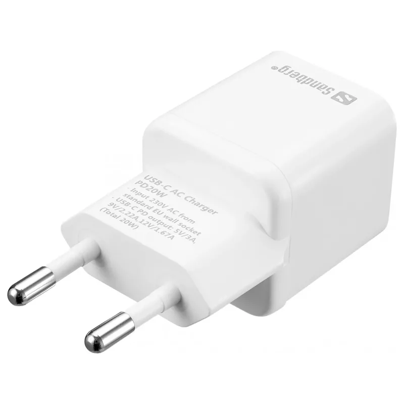 Cargador de CA Sandberg USB-C PD20W EU, interior, AC, 5 V, 3 A, blanco