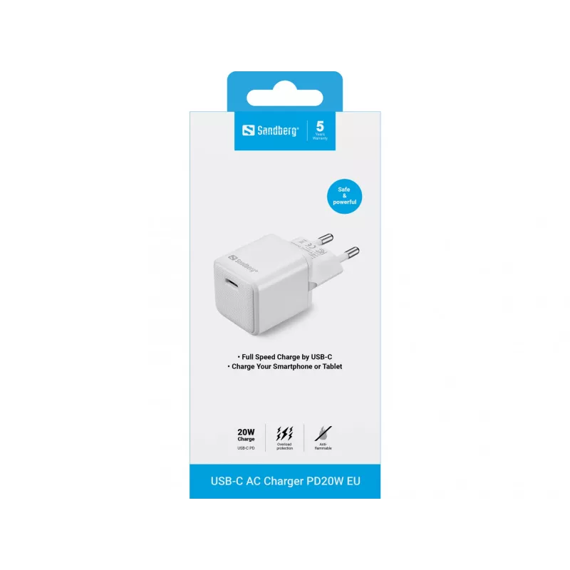 Cargador de CA Sandberg USB-C PD20W EU, interior, AC, 5 V, 3 A, blanco