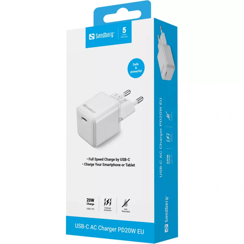 Cargador de CA Sandberg USB-C PD20W EU, interior, AC, 5 V, 3 A, blanco