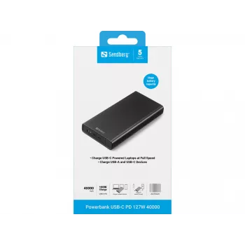 Batería externa portátil Sandberg USB-C PD 127W 40000 mAh