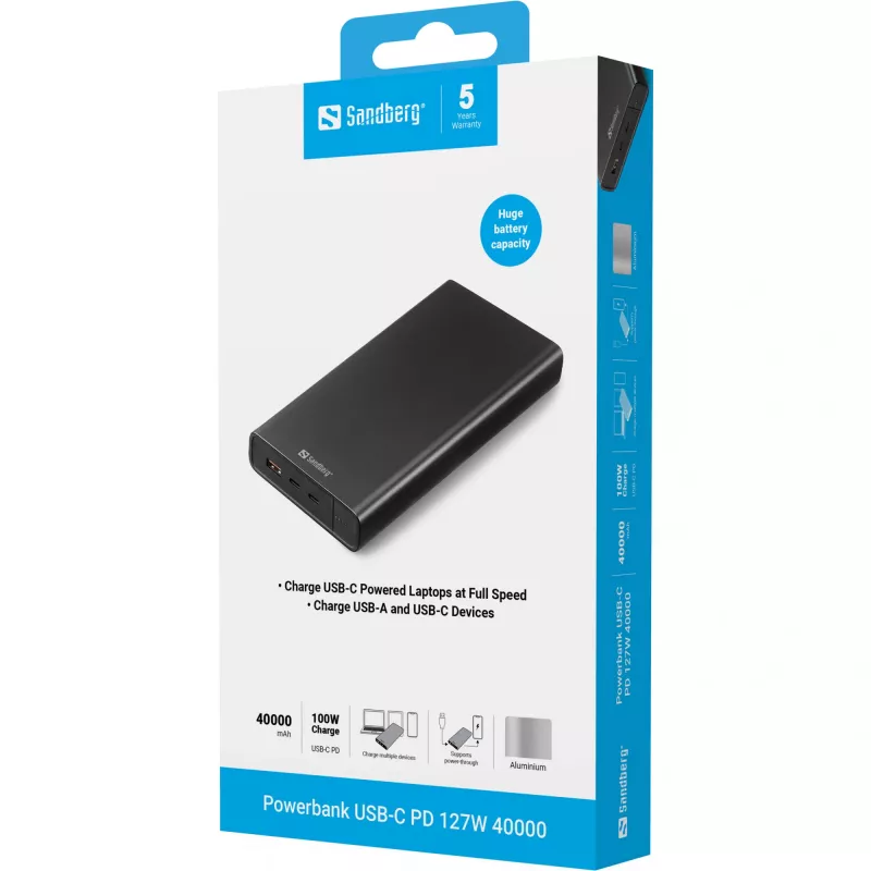 Batería externa portátil Sandberg USB-C PD 127W 40000 mAh