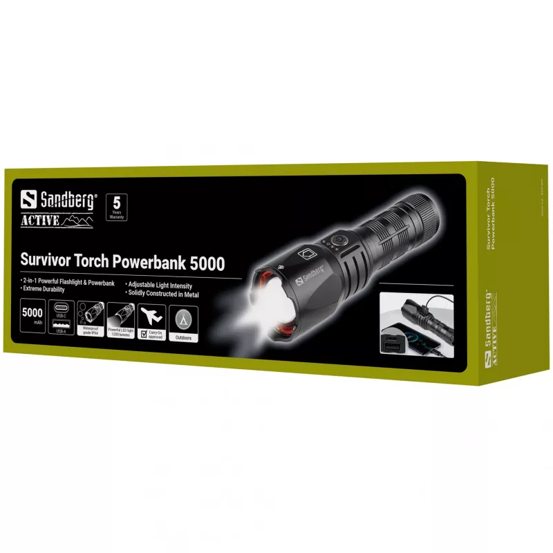 Batería externa Sandberg Survivor Torch Powerbank 5000, linterna de mano, negro, aluminio, IPX4, -30 – 40 °C, FCC, RoHS, UKCA, CE