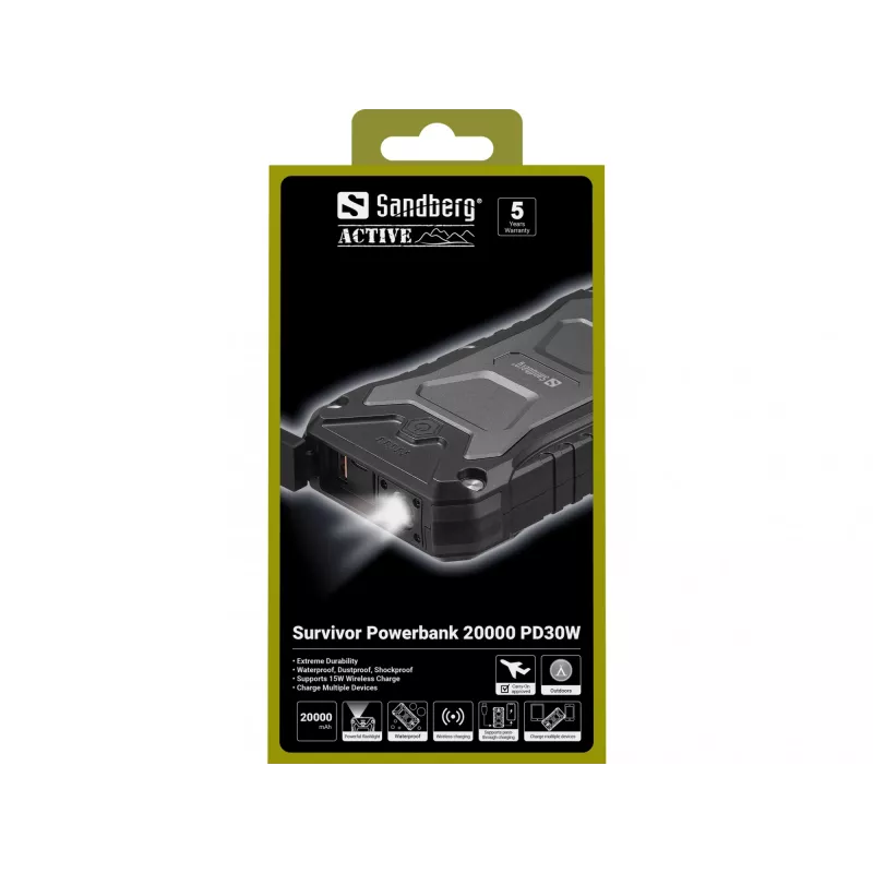 Batería externa Sandberg Survivor Powerbank 20000 PD30W, 20000 mAh, carga inalámbrica, negro