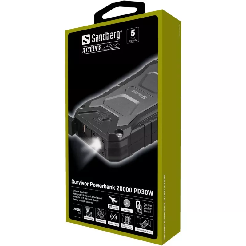 Batería externa Sandberg Survivor Powerbank 20000 PD30W, 20000 mAh, carga inalámbrica, negro