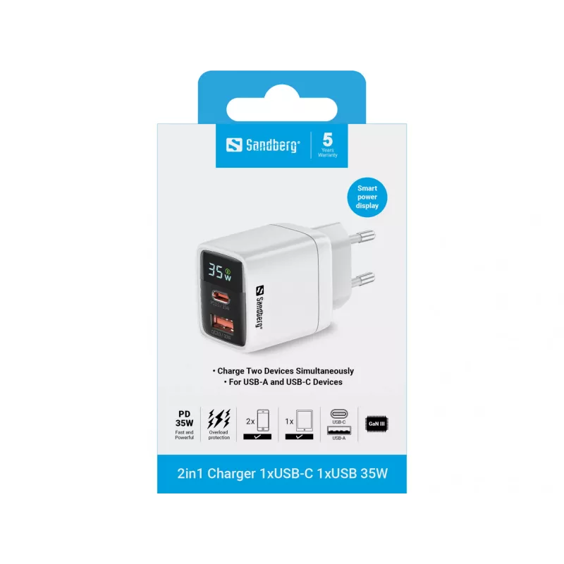 Cargador Sandberg 2en1 1xUSB-C 1xUSB 35W interior AC universal