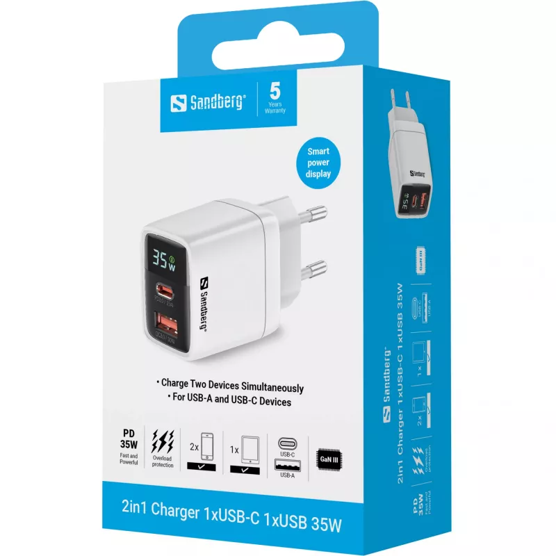 Cargador Sandberg 2en1 1xUSB-C 1xUSB 35W interior AC universal
