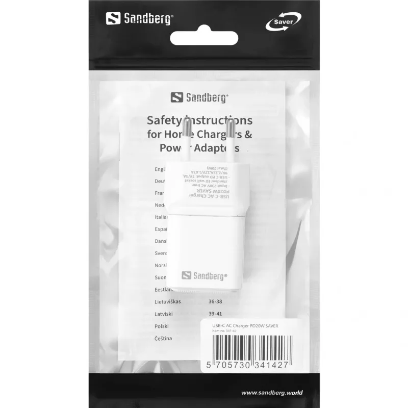 Cargador de CA Sandberg USB-C PD20W SAVER, interior, AC, 12 V, 3 A, blanco