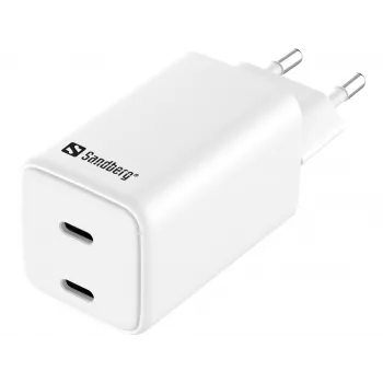 Cargador de CA Sandberg Dual USB-C PD65W EU, interior, AC, 20 V, 3,25 A, blanco