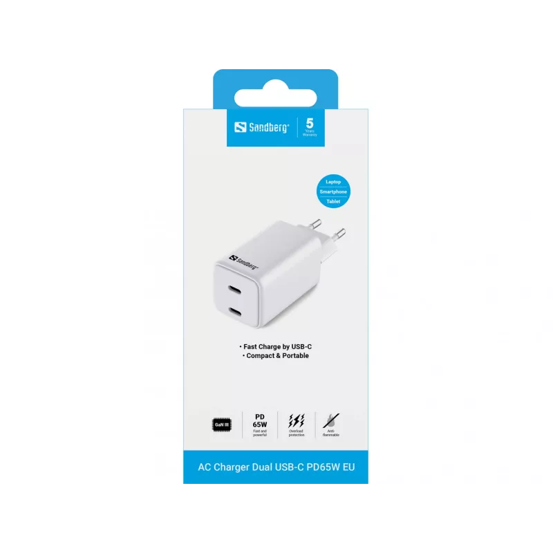 Cargador de CA Sandberg Dual USB-C PD65W EU, interior, AC, 20 V, 3,25 A, blanco