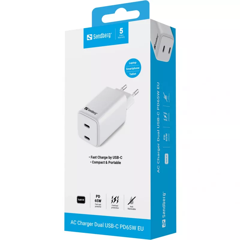 Cargador de CA Sandberg Dual USB-C PD65W EU, interior, AC, 20 V, 3,25 A, blanco