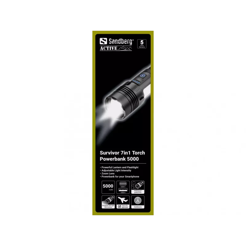 Batería externa linterna Sandberg Survivor 7en1 5000, linterna de mano, negro, aluminio, LED, 2 lámparas, 200 lm