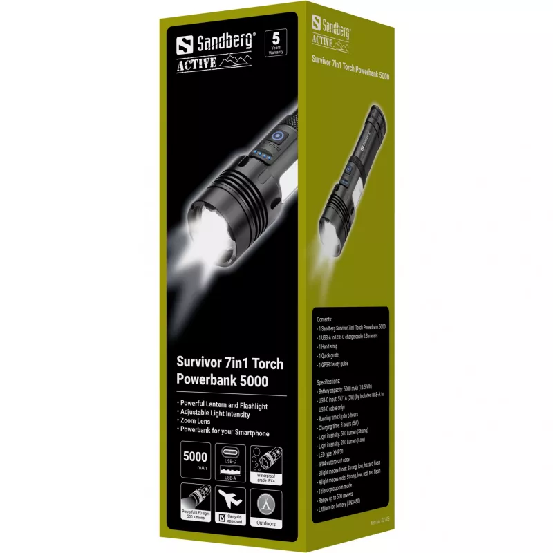 Batería externa linterna Sandberg Survivor 7en1 5000, linterna de mano, negro, aluminio, LED, 2 lámparas, 200 lm