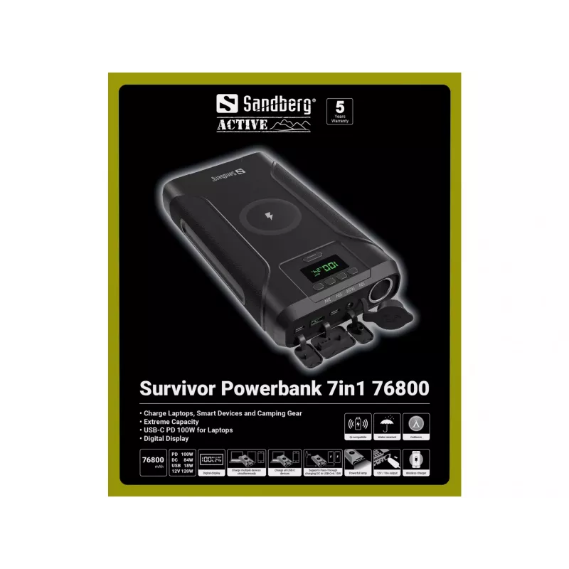 Batería externa Sandberg Survivor Powerbank 7en1 76800, 76800 mAh, ion de litio (Li-Ion), carga inalámbrica, 3,6 V, negro