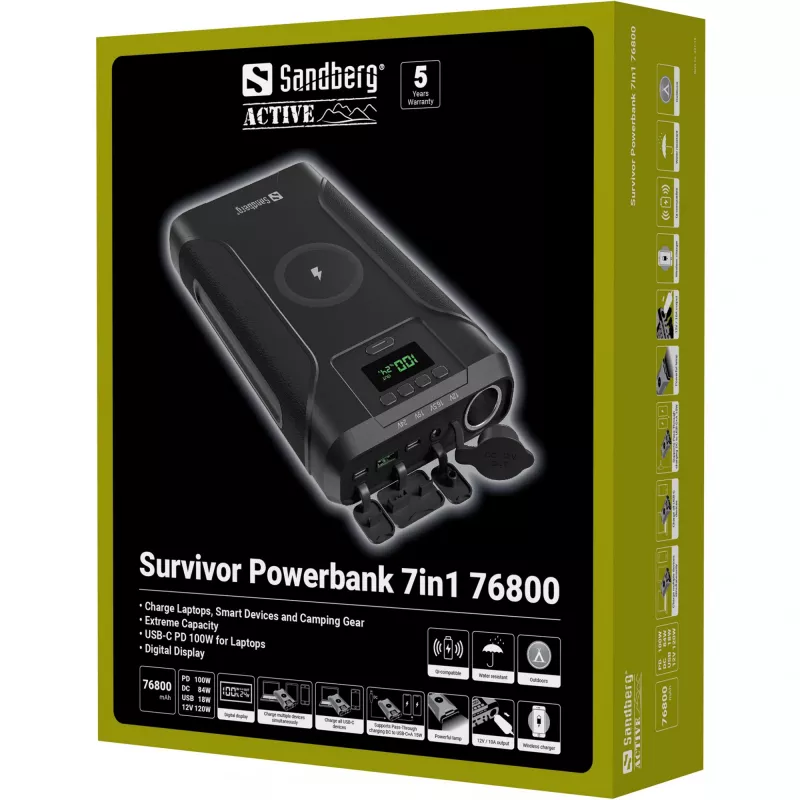 Batería externa Sandberg Survivor Powerbank 7en1 76800, 76800 mAh, ion de litio (Li-Ion), carga inalámbrica, 3,6 V, negro