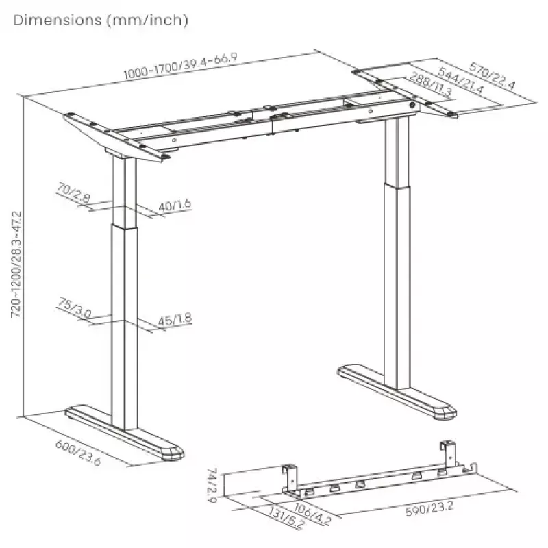 Mesa regulable en altura up up B-57051PT/W-IA-ED22-60M — tablero blanco, patas negras, regulable en altura