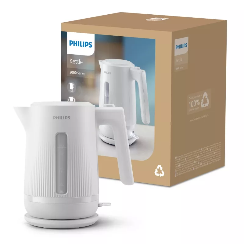 Philips Serie 3000 hervidor de agua, 1,7 l, 2200 W, blanco, plástico, protección contra sobrecalentamiento, inalámbrico