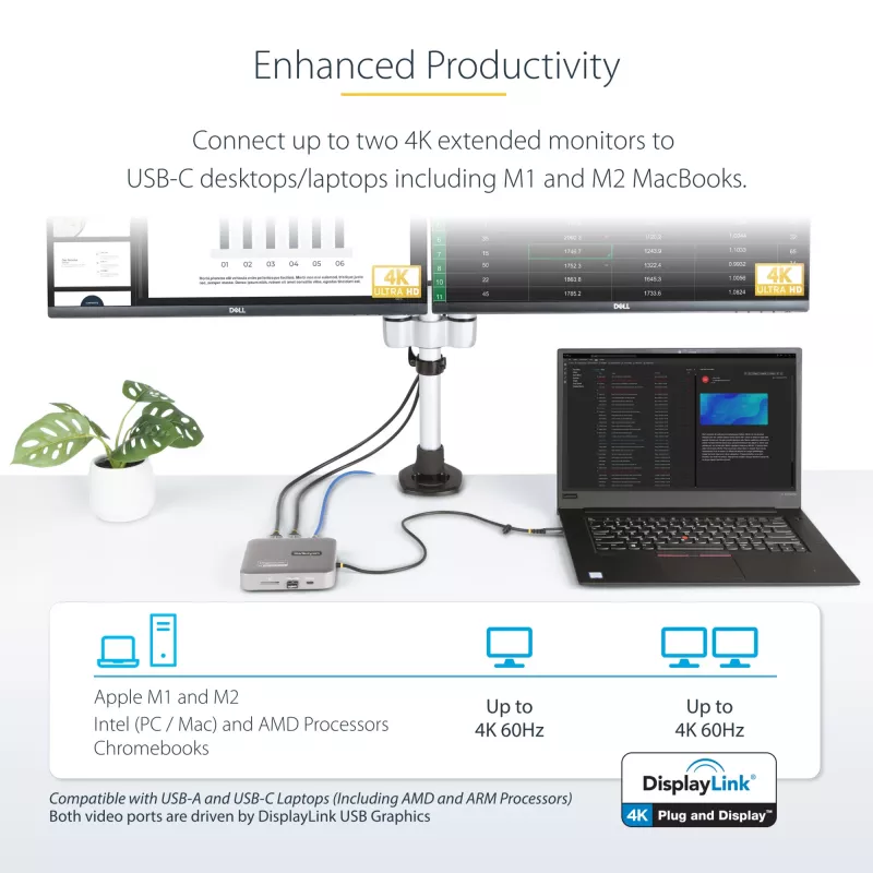 StarTech.com Docking station USB-C, doble 4K 60Hz HDMI, compatible con Macbook Pro (M1/M2/M3/M4) y Windows, hub USB-A/USB-C 10Gbps, 100W Power Delivery, GbE, SD, cable de 56cm