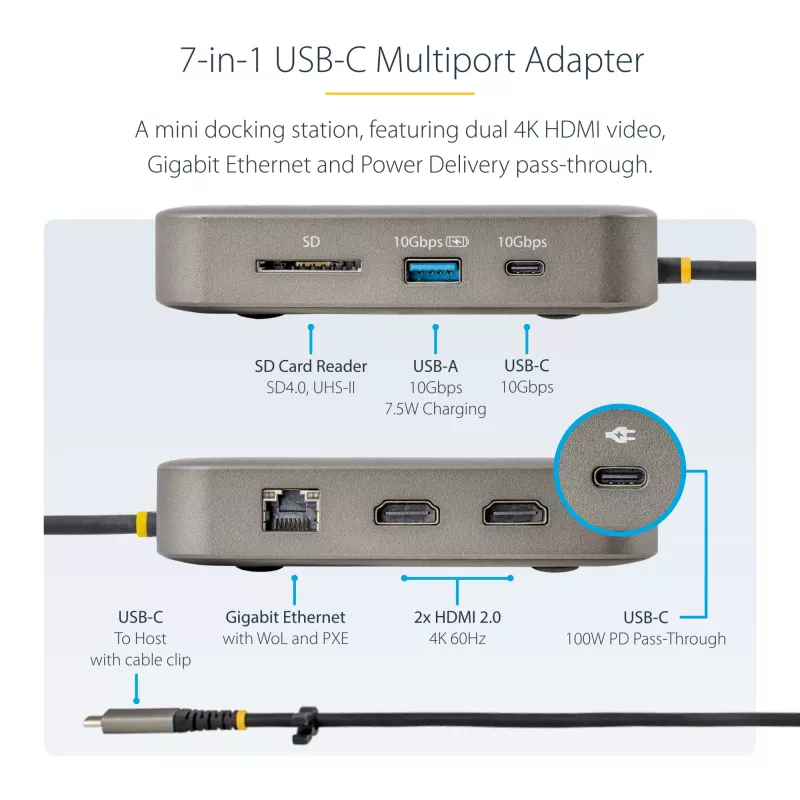 StarTech.com Docking station USB-C, doble 4K 60Hz HDMI, compatible con Macbook Pro (M1/M2/M3/M4) y Windows, hub USB-A/USB-C 10Gbps, 100W Power Delivery, GbE, SD, cable de 56cm