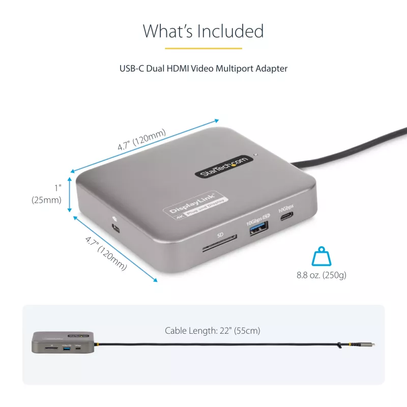 StarTech.com Docking station USB-C, doble 4K 60Hz HDMI, compatible con Macbook Pro (M1/M2/M3/M4) y Windows, hub USB-A/USB-C 10Gbps, 100W Power Delivery, GbE, SD, cable de 56cm