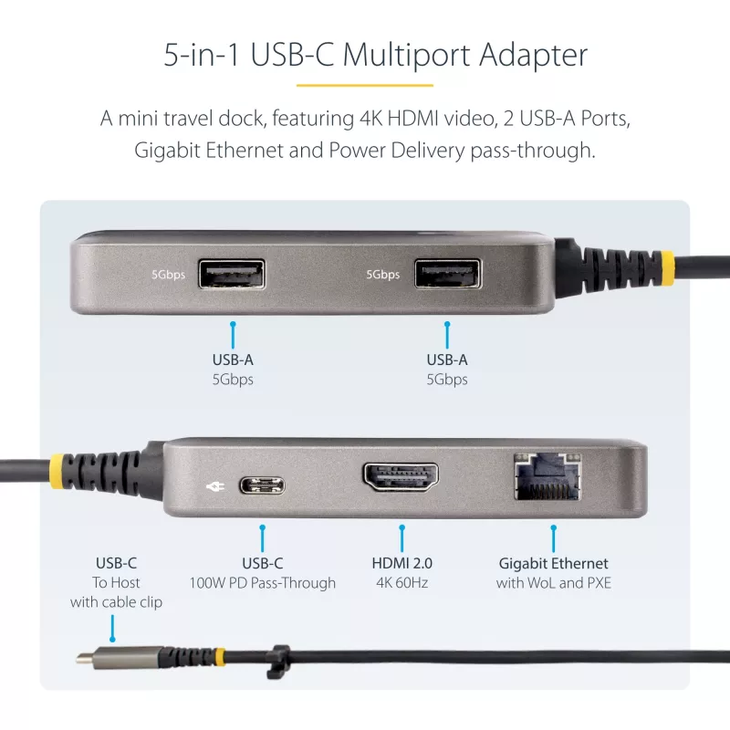 StarTech.com Adaptador multipuerto USB-C – HDMI 4K 60Hz – HDR – Hub USB 3.0 de 2 puertos y 5Gbps – Power Delivery Pass-Through de 100W – GbE – Works with Chromebook certificado – Windows/macOS