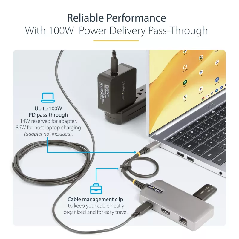 StarTech.com Adaptador multipuerto USB-C – HDMI 4K 60Hz – HDR – Hub USB 3.0 de 2 puertos y 5Gbps – Power Delivery Pass-Through de 100W – GbE – Works with Chromebook certificado – Windows/macOS