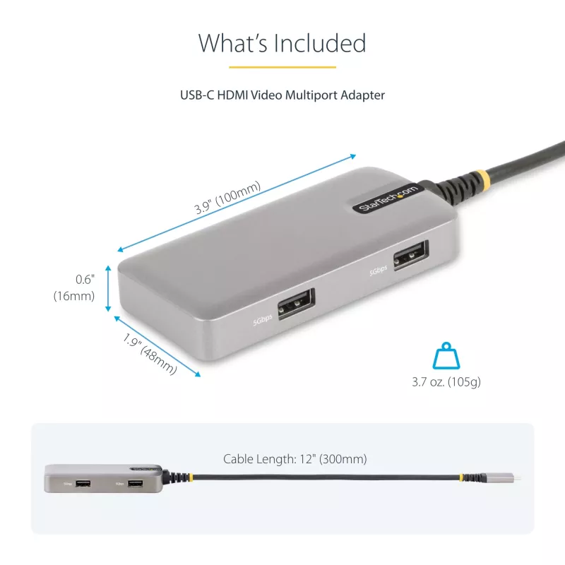StarTech.com Adaptador multipuerto USB-C – HDMI 4K 60Hz – HDR – Hub USB 3.0 de 2 puertos y 5Gbps – Power Delivery Pass-Through de 100W – GbE – Works with Chromebook certificado – Windows/macOS