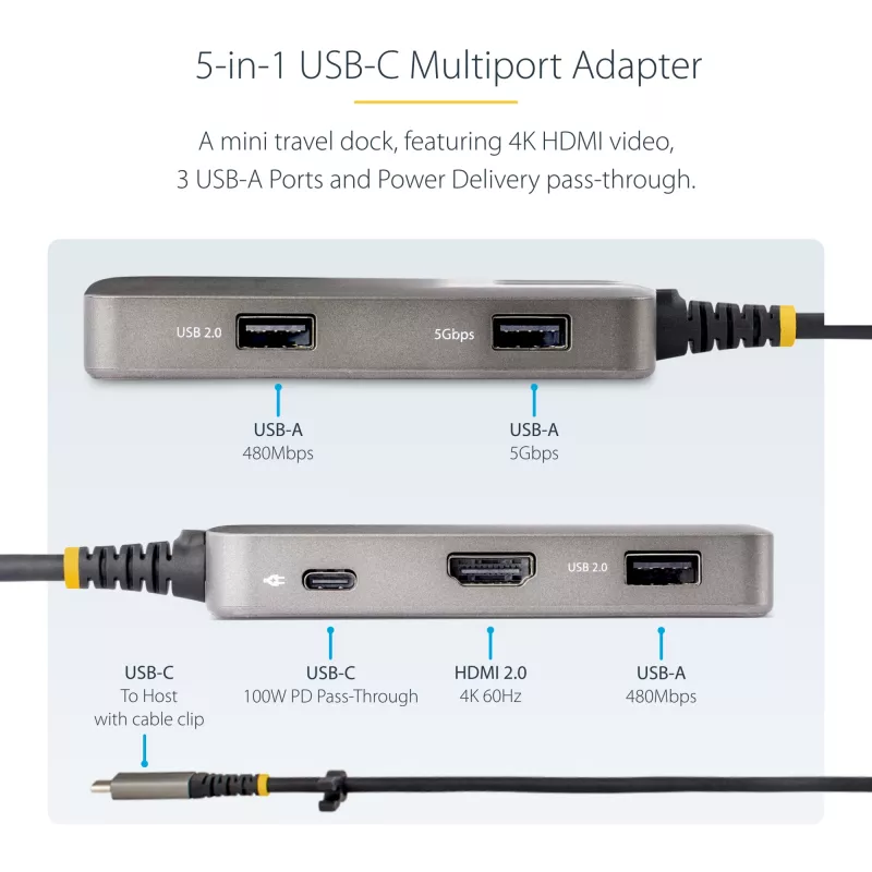 StarTech.com Adaptador multipuerto USB-C - 4K 60Hz HDMI con HDR - hub USB de 3 puertos - 100W Power Delivery Pass-Through - certificado Works With Chromebook - Windows/macOS/iPadOS/Android™