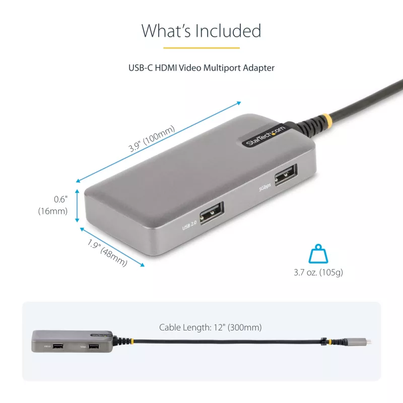 StarTech.com Adaptador multipuerto USB-C - 4K 60Hz HDMI con HDR - hub USB de 3 puertos - 100W Power Delivery Pass-Through - certificado Works With Chromebook - Windows/macOS/iPadOS/Android™