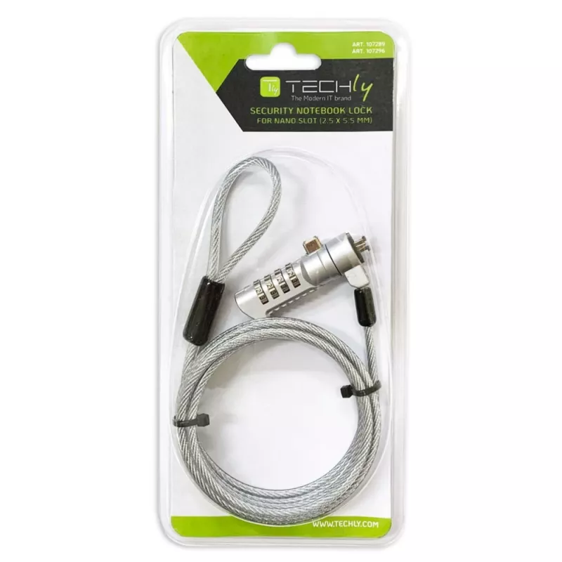 Techly Candado de seguridad numérico combinación para portátil para ranura Nano, 1,8 m, candado de combinación, metal, acero, plata