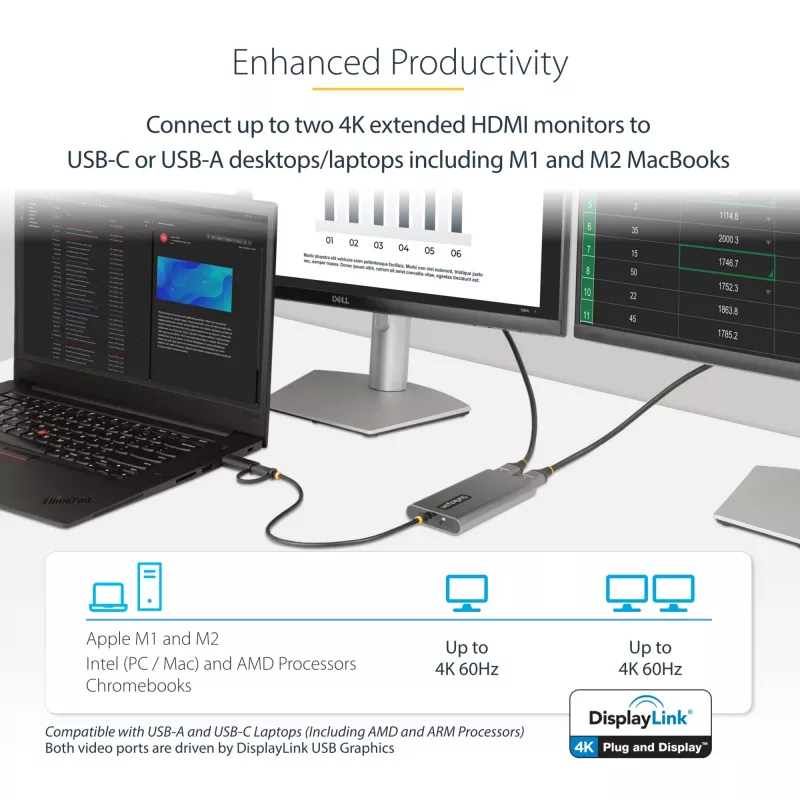StarTech.com Adaptador USB-C a doble HDMI – USB-C o A a 2x HDMI – 4K 60Hz – 100W Power Delivery Pass-Through – cable integrado de 30 cm (1ft) – convertidor USB a HDMI multi-monitor para portátil – TAA