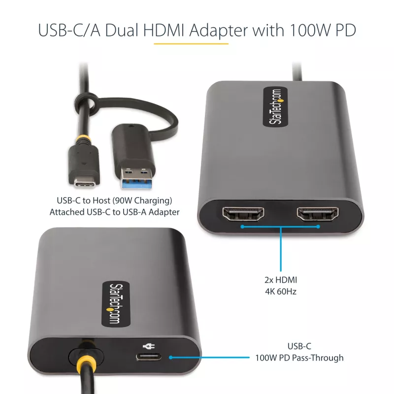 StarTech.com Adaptador USB-C a doble HDMI – USB-C o A a 2x HDMI – 4K 60Hz – 100W Power Delivery Pass-Through – cable integrado de 30 cm (1ft) – convertidor USB a HDMI multi-monitor para portátil – TAA