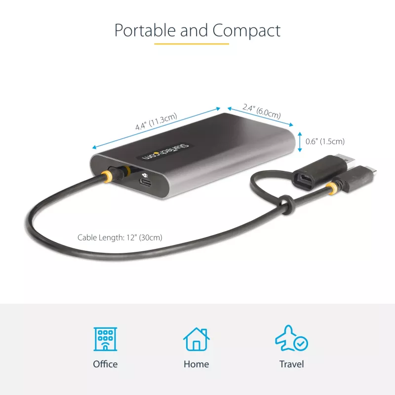 StarTech.com Adaptador USB-C a doble HDMI – USB-C o A a 2x HDMI – 4K 60Hz – 100W Power Delivery Pass-Through – cable integrado de 30 cm (1ft) – convertidor USB a HDMI multi-monitor para portátil – TAA