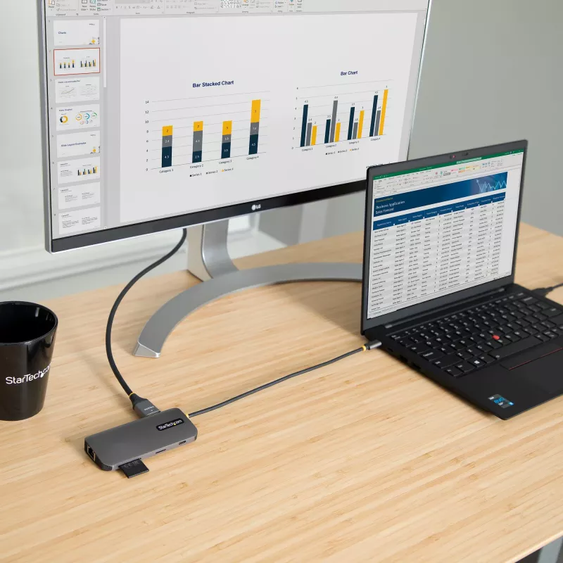 StarTech.com Adaptador multipuerto USB-C – vídeo 4K 60Hz HDMI, hub USB-A de 3 puertos 5Gbit/s, 100W USB Power Delivery Pass-Through/GbE/SD/MicroSD, cable de 30cm, docking station portátil para portátil