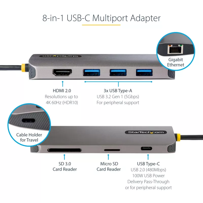 StarTech.com Adaptador multipuerto USB-C – vídeo 4K 60Hz HDMI, hub USB-A de 3 puertos 5Gbit/s, 100W USB Power Delivery Pass-Through/GbE/SD/MicroSD, cable de 30cm, docking station portátil para portátil