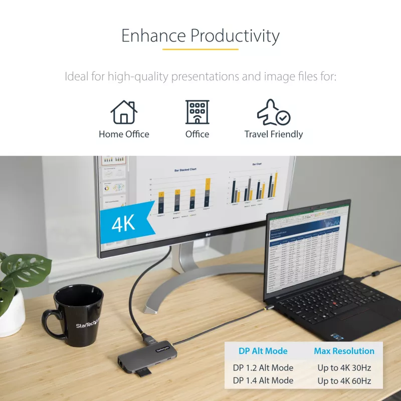 StarTech.com Adaptador multipuerto USB-C – vídeo 4K 60Hz HDMI, hub USB-A de 3 puertos 5Gbit/s, 100W USB Power Delivery Pass-Through/GbE/SD/MicroSD, cable de 30cm, docking station portátil para portátil