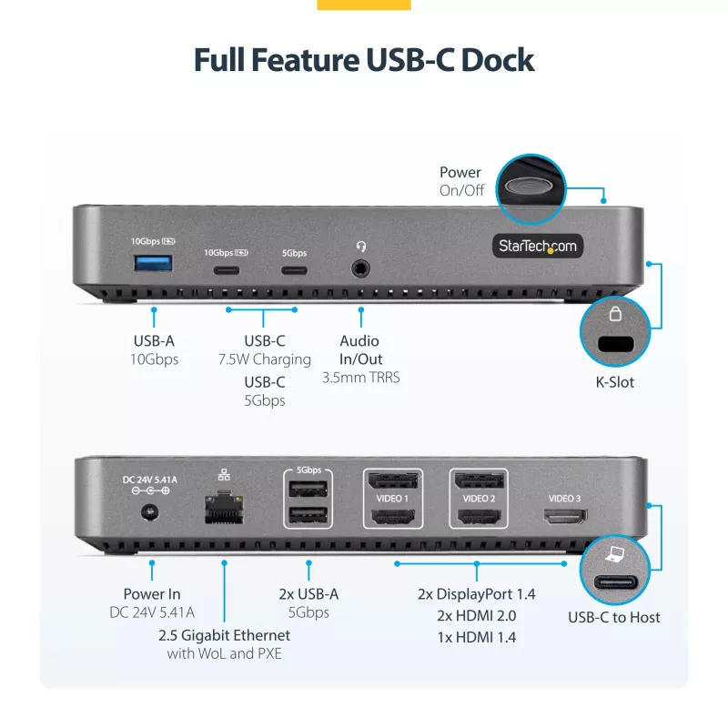 StarTech.com Docking station USB-C triple monitor - HDMI/DP triple 4k dock USB-C - hub 5x USB - GbE - 100W PD - docking station universal multi monitor - compatible con Thunderbolt 3/4