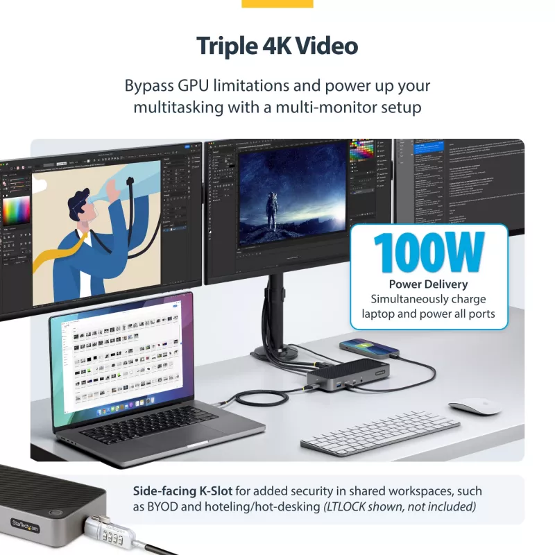 StarTech.com Docking station USB-C triple monitor - HDMI/DP triple 4k dock USB-C - hub 5x USB - GbE - 100W PD - docking station universal multi monitor - compatible con Thunderbolt 3/4