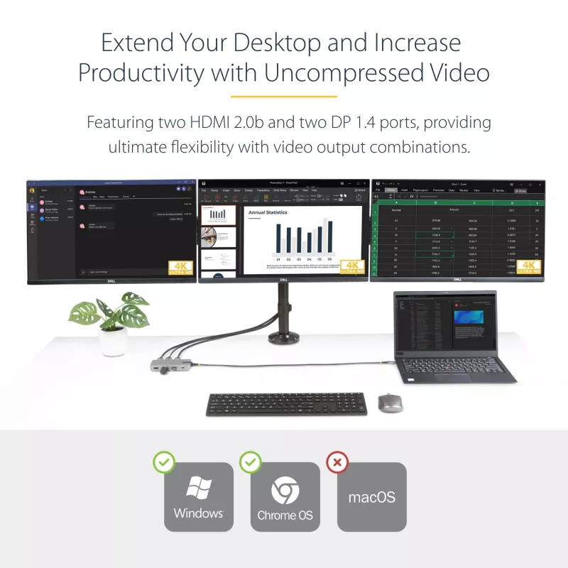 StarTech.com Adaptador multipuerto USB-C triple monitor, doble 4K 60Hz + 4K 30Hz HDMI y DisplayPort, hub USB de 3 puertos 10Gbps, 100W PD Pass-Through, GbE, travel dock, Windows y ChromeOS