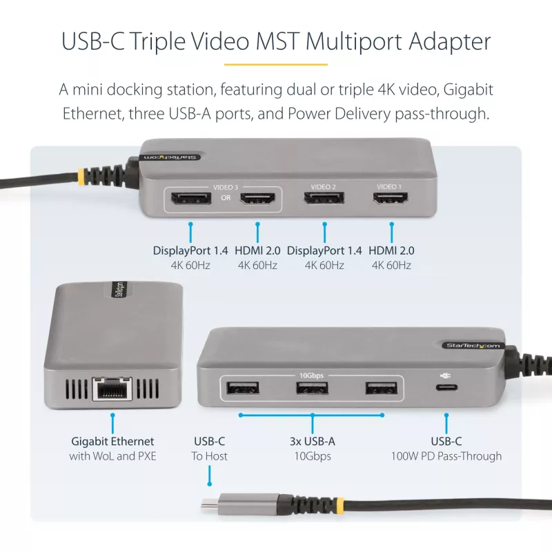 StarTech.com Adaptador multipuerto USB-C triple monitor, doble 4K 60Hz + 4K 30Hz HDMI y DisplayPort, hub USB de 3 puertos 10Gbps, 100W PD Pass-Through, GbE, travel dock, Windows y ChromeOS