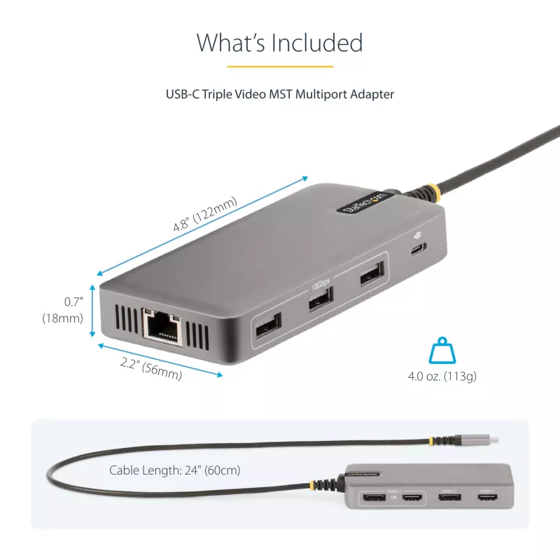 StarTech.com Adaptador multipuerto USB-C triple monitor, doble 4K 60Hz + 4K 30Hz HDMI y DisplayPort, hub USB de 3 puertos 10Gbps, 100W PD Pass-Through, GbE, travel dock, Windows y ChromeOS
