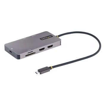 StarTech.com Adaptador multipuerto USB-C, vídeo doble HDMI, 4K 60Hz, hub USB-A de 2 puertos 5 Gbit/s, 100 W Power Delivery Pass-Through/GbE/SD/MicroSD, cable de 30 cm, travel dock, docking station para portátil