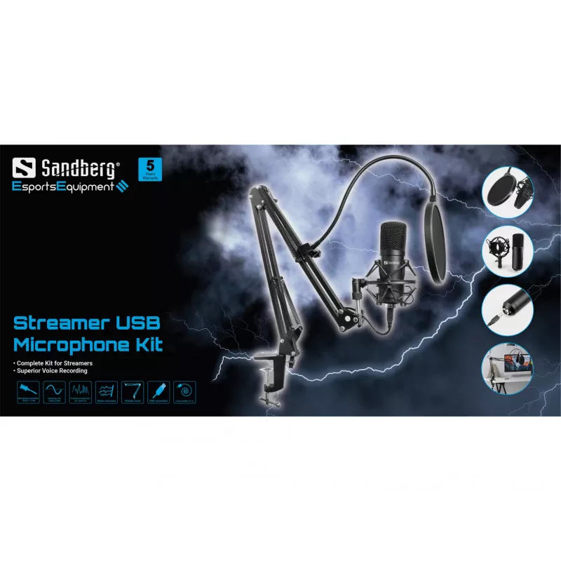 Sandberg Streamer Kit de micrófono USB, micrófono de estudio, -27 dB, 30 - 16000 Hz, 24 bit, 96 kHz, unidireccional