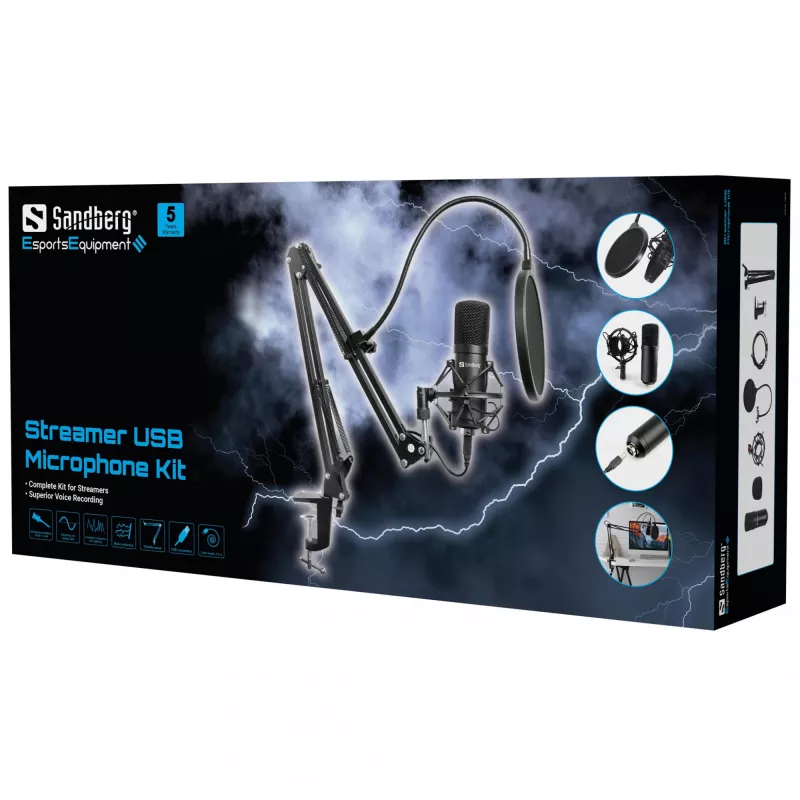 Sandberg Streamer Kit de micrófono USB, micrófono de estudio, -27 dB, 30 - 16000 Hz, 24 bit, 96 kHz, unidireccional