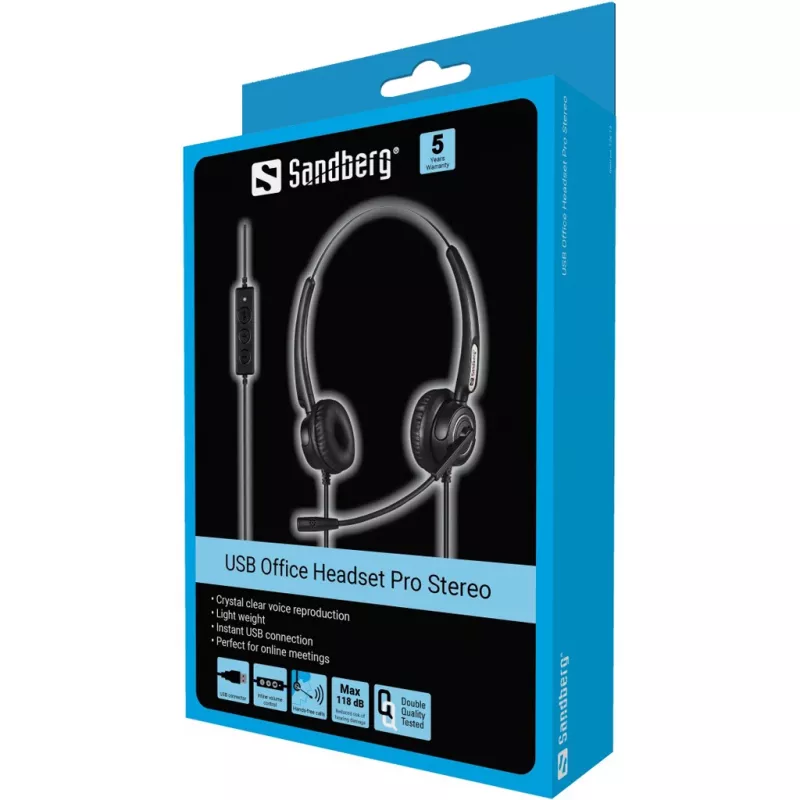 Sandberg Auricular USB Office Pro Stereo, con cable, oficina/call center, 20 - 20000 Hz, 115 g, auricular, negro