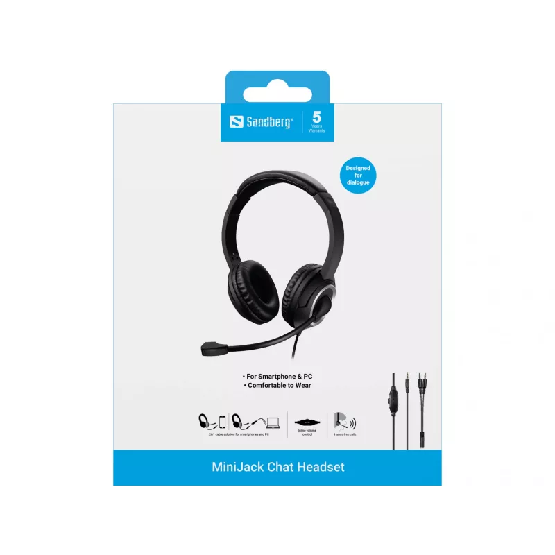 Sandberg Auricular MiniJack Chat, con cable, llamadas/música, 20 - 20000 Hz, 180 g, auricular, negro