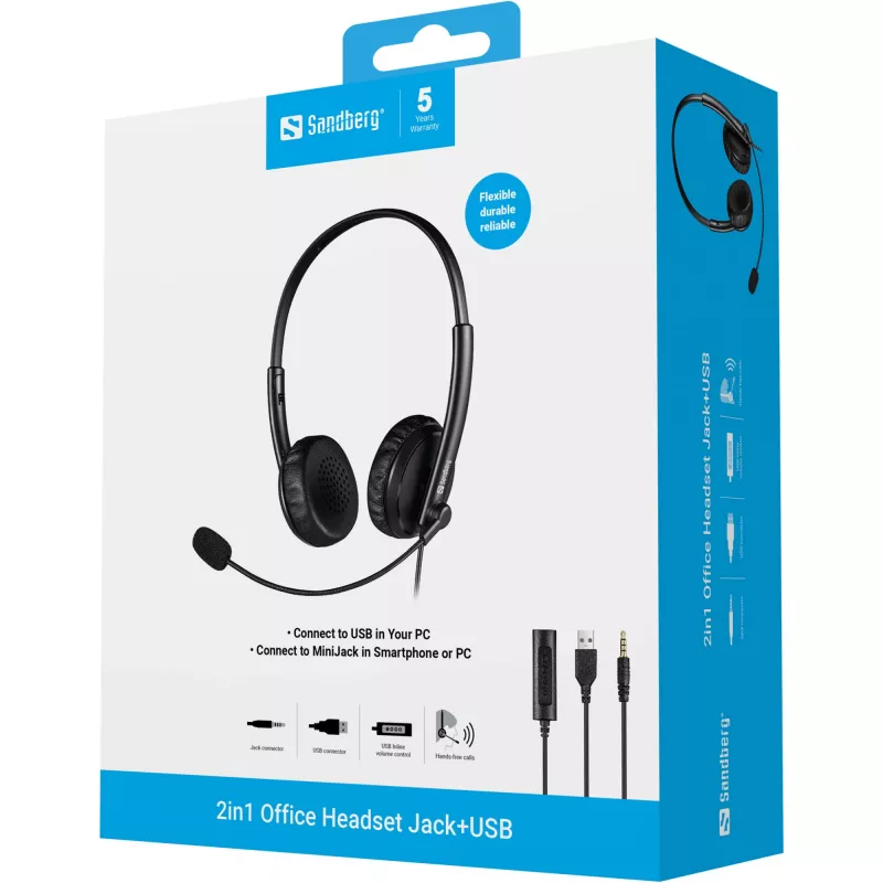 Sandberg Auricular 2in1 Office Jack+USB, con cable, oficina/call center, 20 - 20000 Hz, 110 g, auriculares, negro